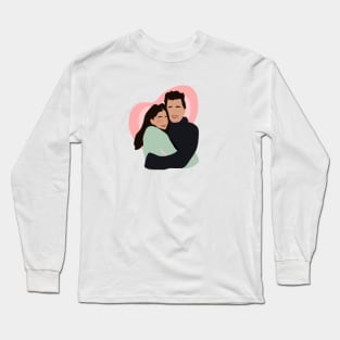 cute couple hugging with pink heart in backgorund, vector illustration, without face, Long Sleeve T-Shirt